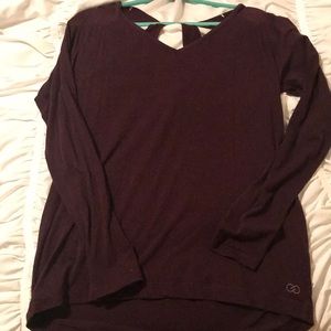 Long-sleeve maroon open back yoga top